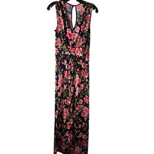 Women's Jumpsuit Floral Navy Blue Pink Medium‎ Empire Waist Pull On Wide Leg